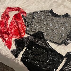 SHEIN Red Bandana, Black Mesh, and Gray Star Tops